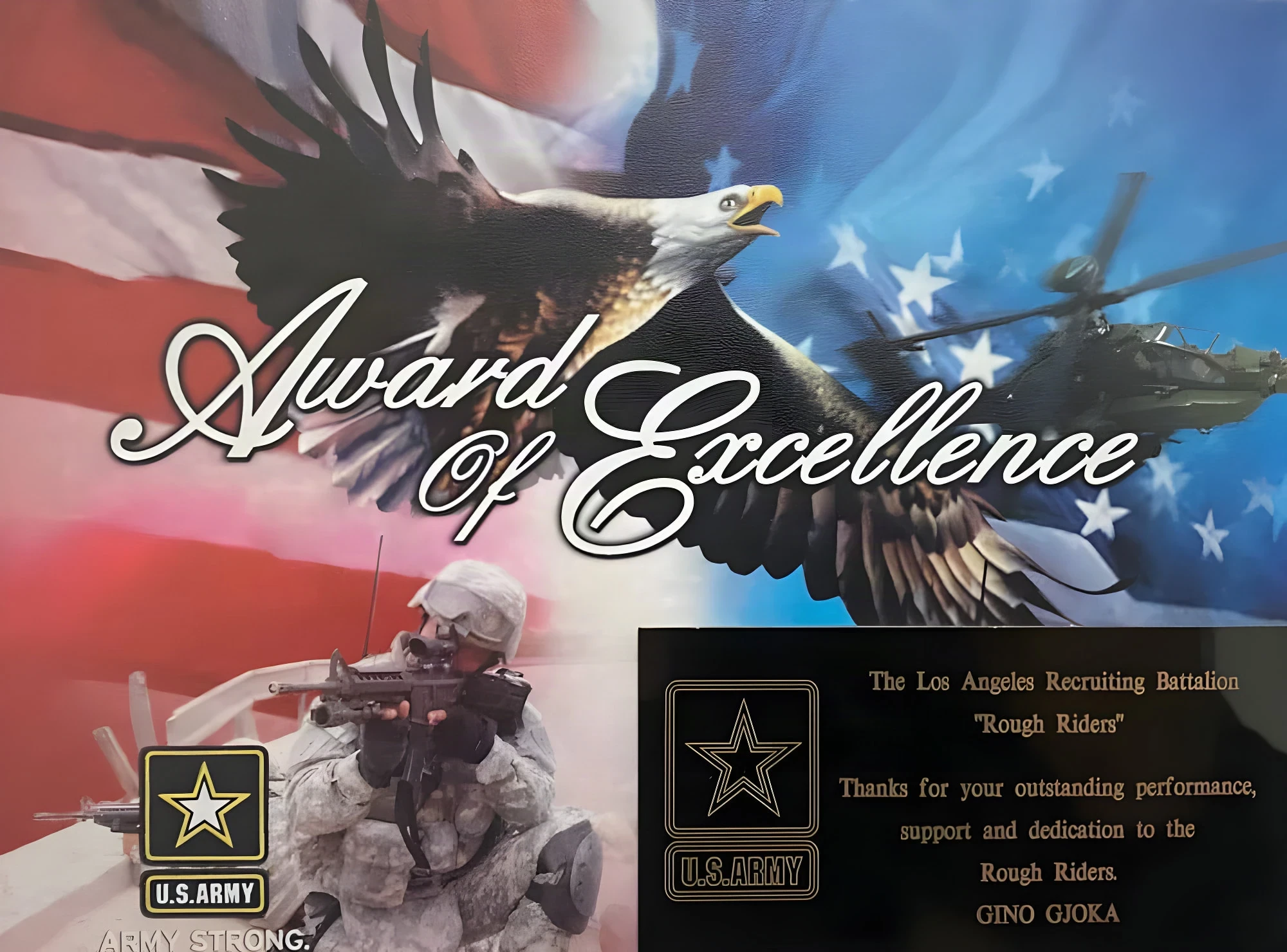 U.S. Army Los Angeles Recruiting Battalion Award of Excellence plaque thanking the team for outstanding performance