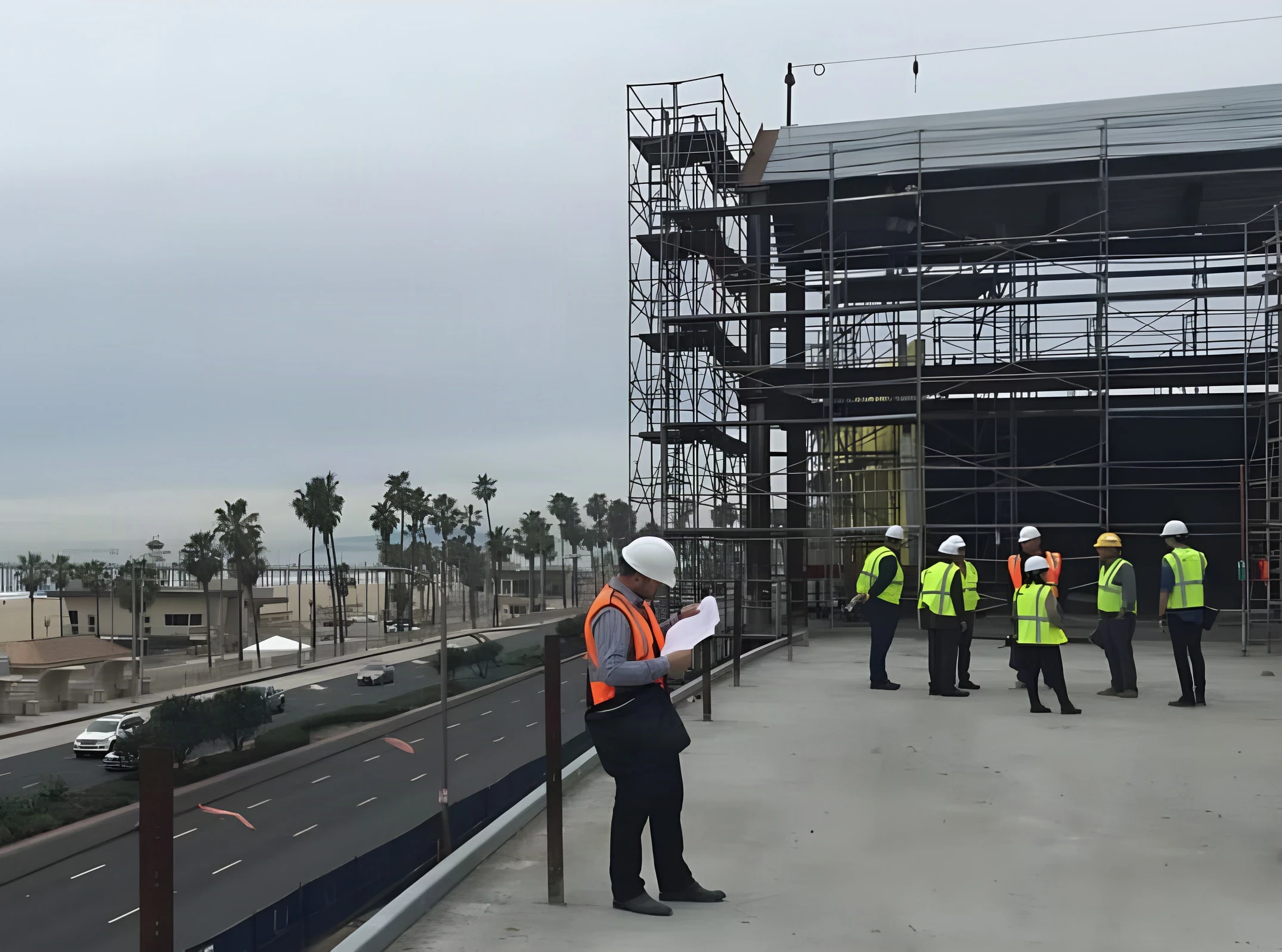 Site lead in hard hat reviewing plans on a concrete deck beside a scaffolded steel frame above a palm-lined beach road