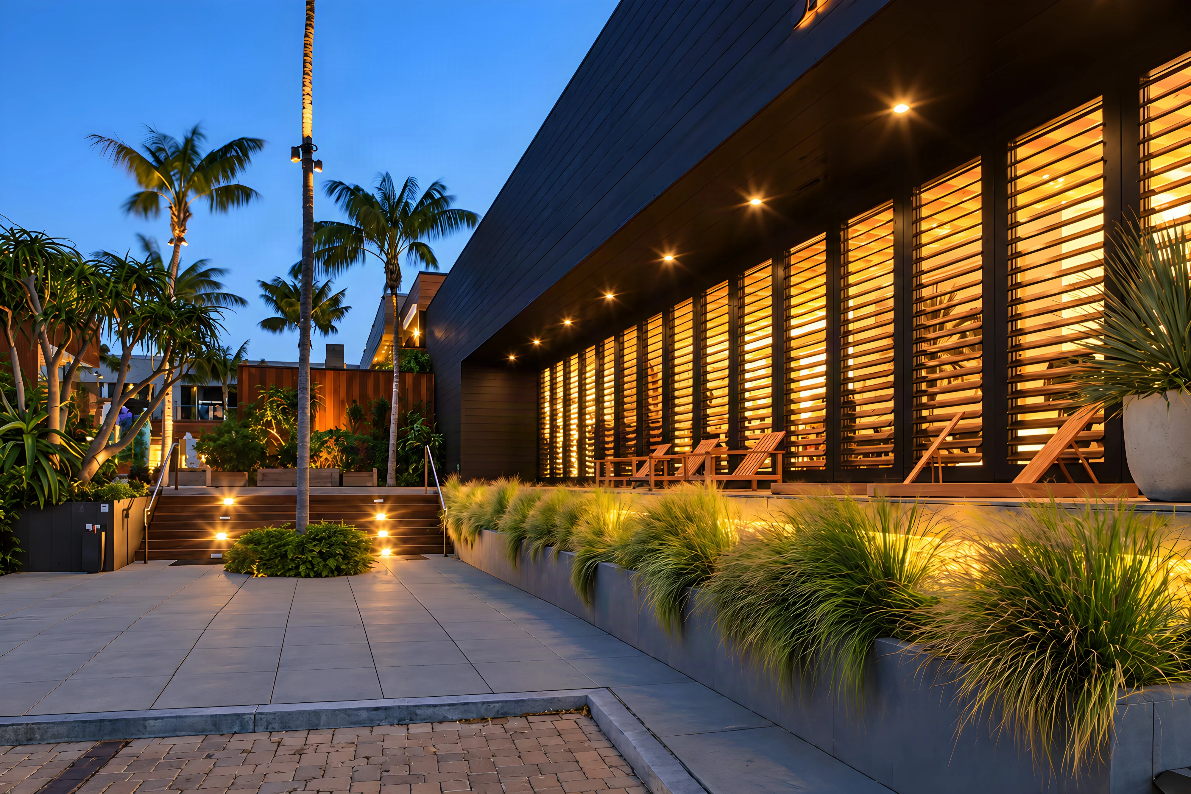 Backlit timber louvres along the black Malibu Lumber Yard pavilion at blue hour, with palms and grass planters