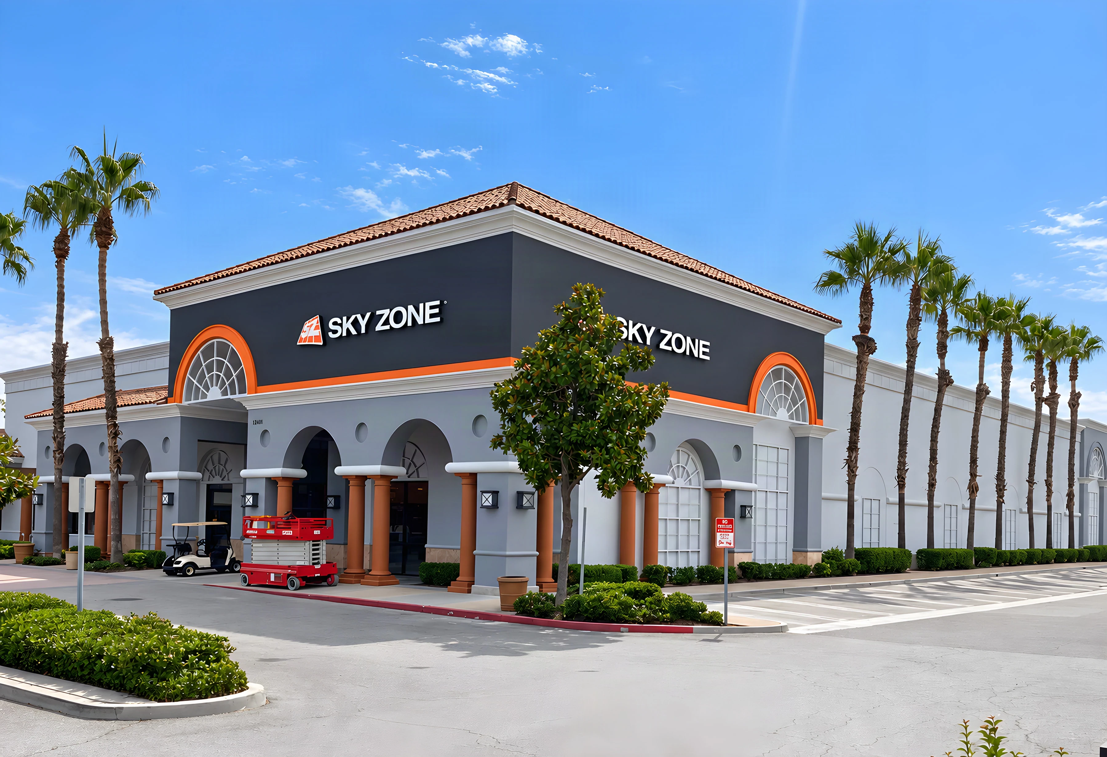 Sky Zone Rancho Cucamonga building exterior with an arched Mediterranean-style facade and red tile roof