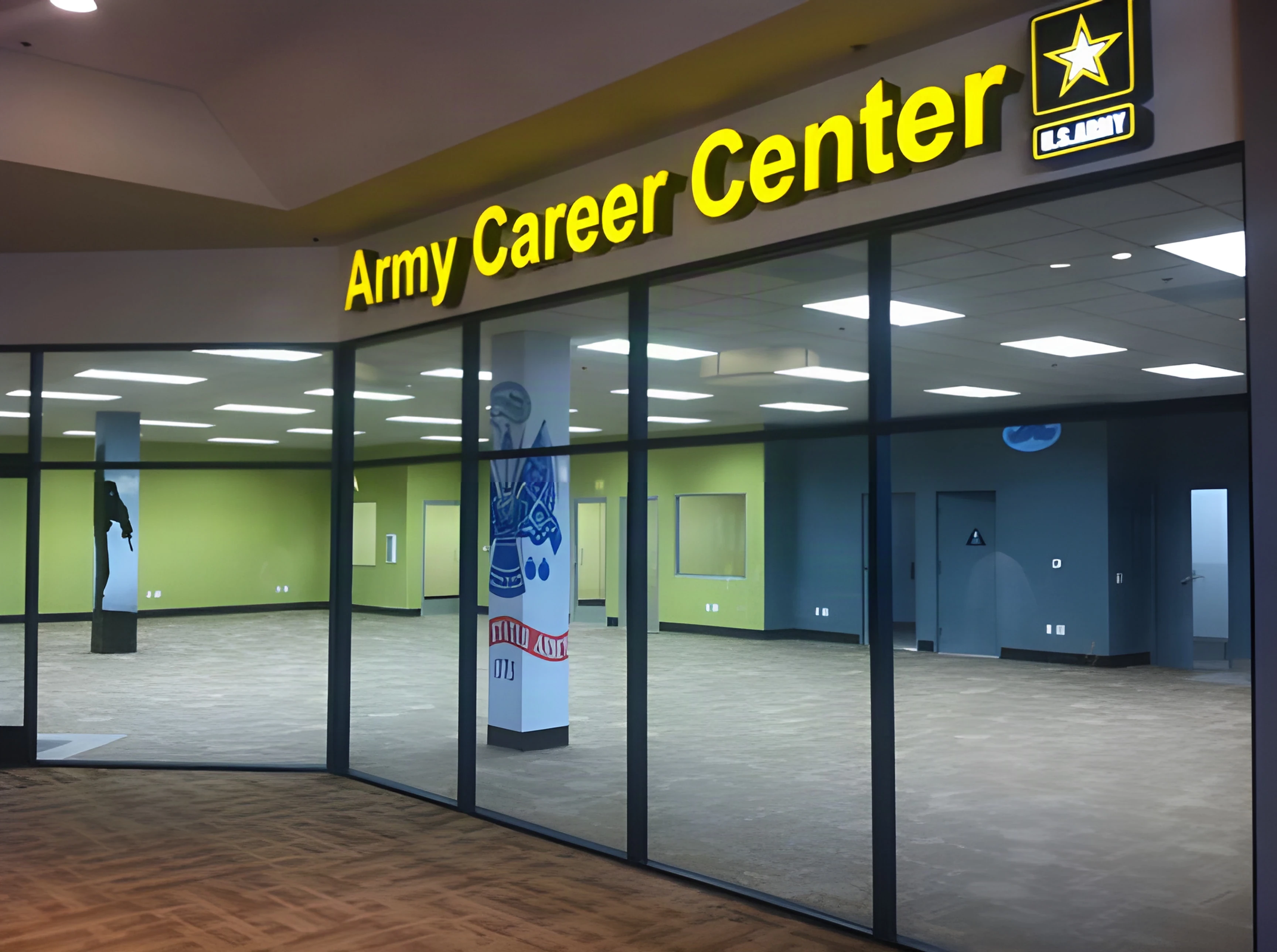 Army Career Center storefront at Puente Hills Mall with lit lettering above a glass front