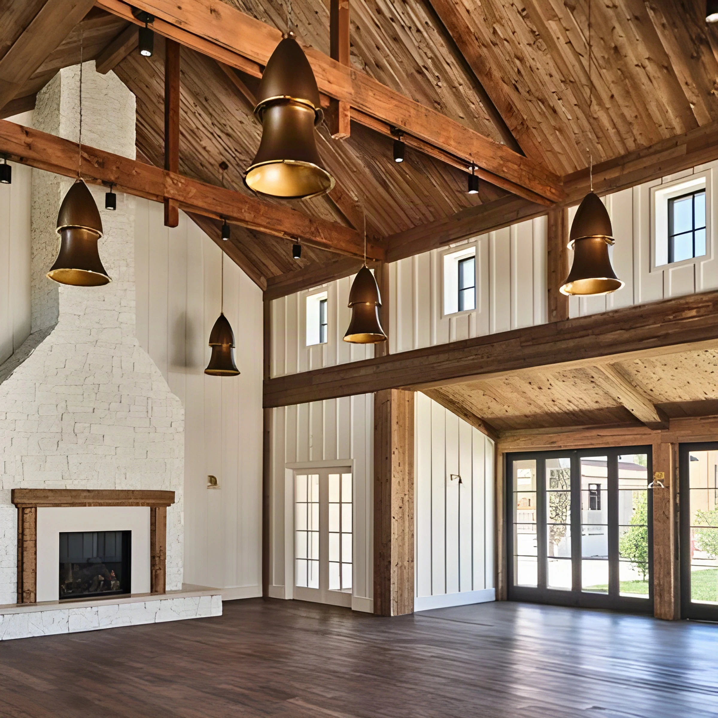 Empty hall of the Barn at Mattei’s Inn with a vaulted timber ceiling, stone fireplace and glass doors