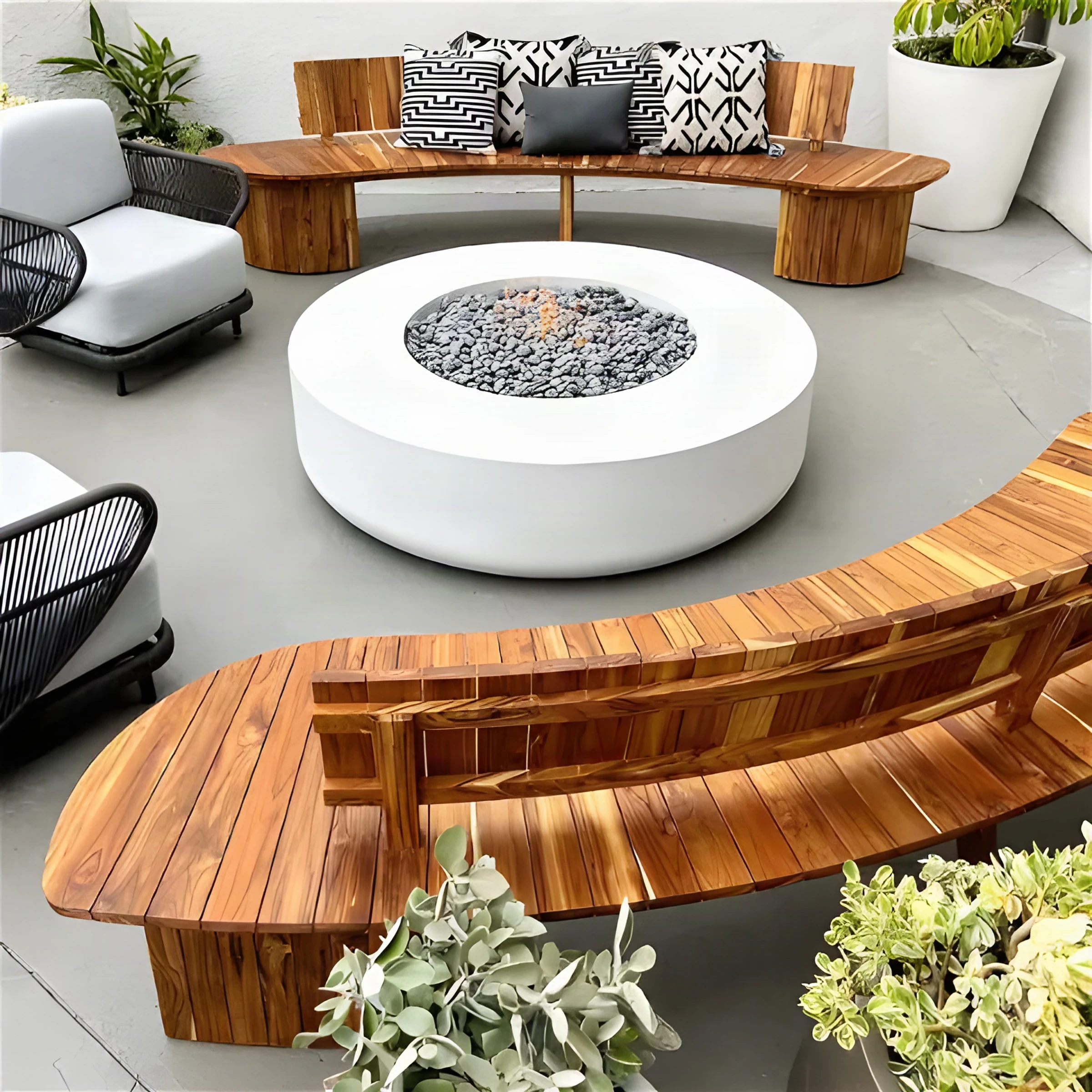 Curved teak benches with patterned cushions around a white fire pit at the Beach Terrace Inn