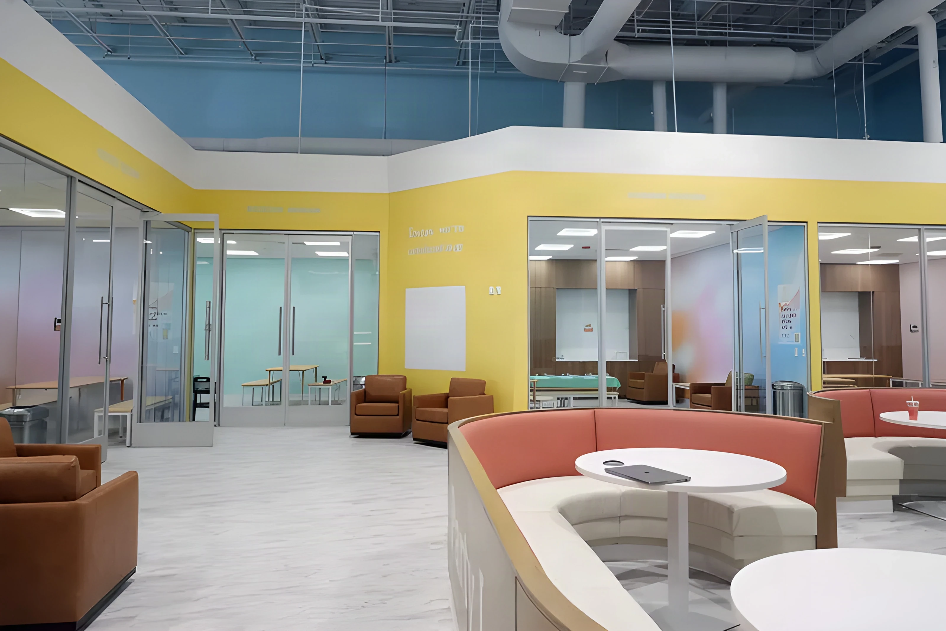 Parent lounge booths and glass-walled party rooms along the yellow Cloudbound wall