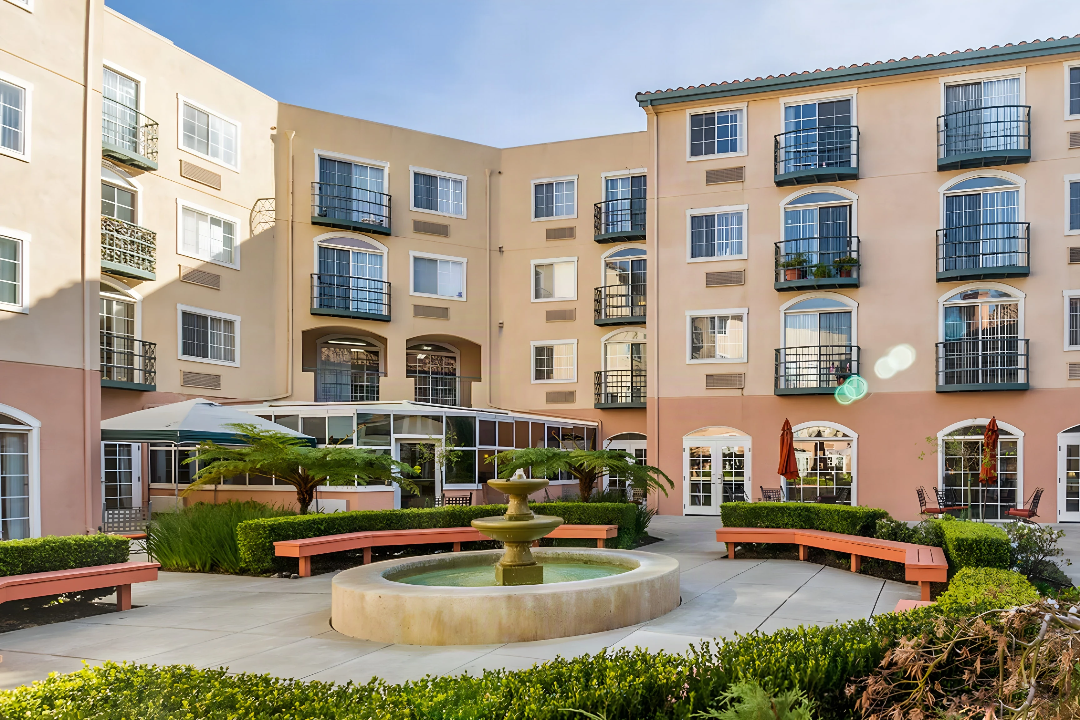Tiered fountain in the landscaped courtyard of The Covington in Aliso Viejo