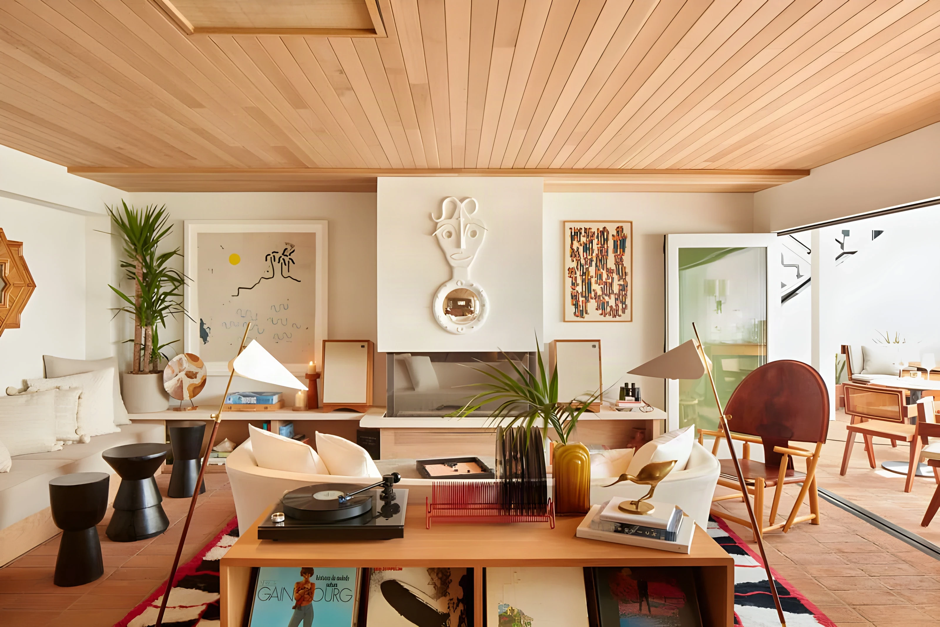 Living room with a timber ceiling, sculpture wall and leather sling chair in the Laguna Beach hotel