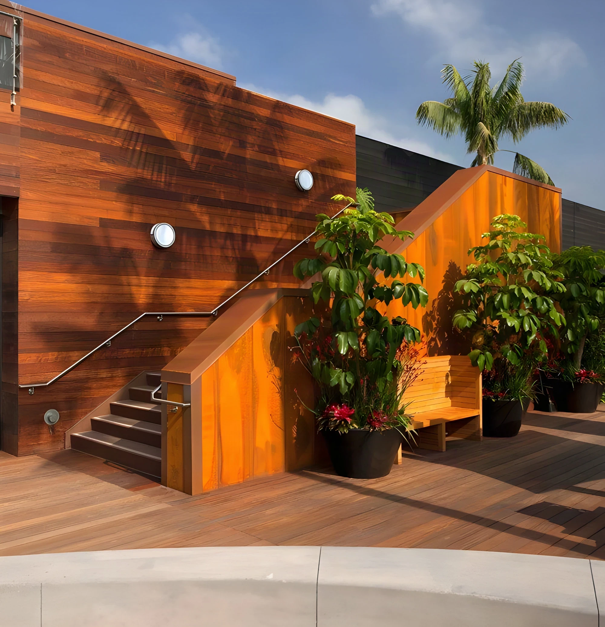 Refinished timber stair wall and planters along the upper walkway at Malibu Lumber Yard