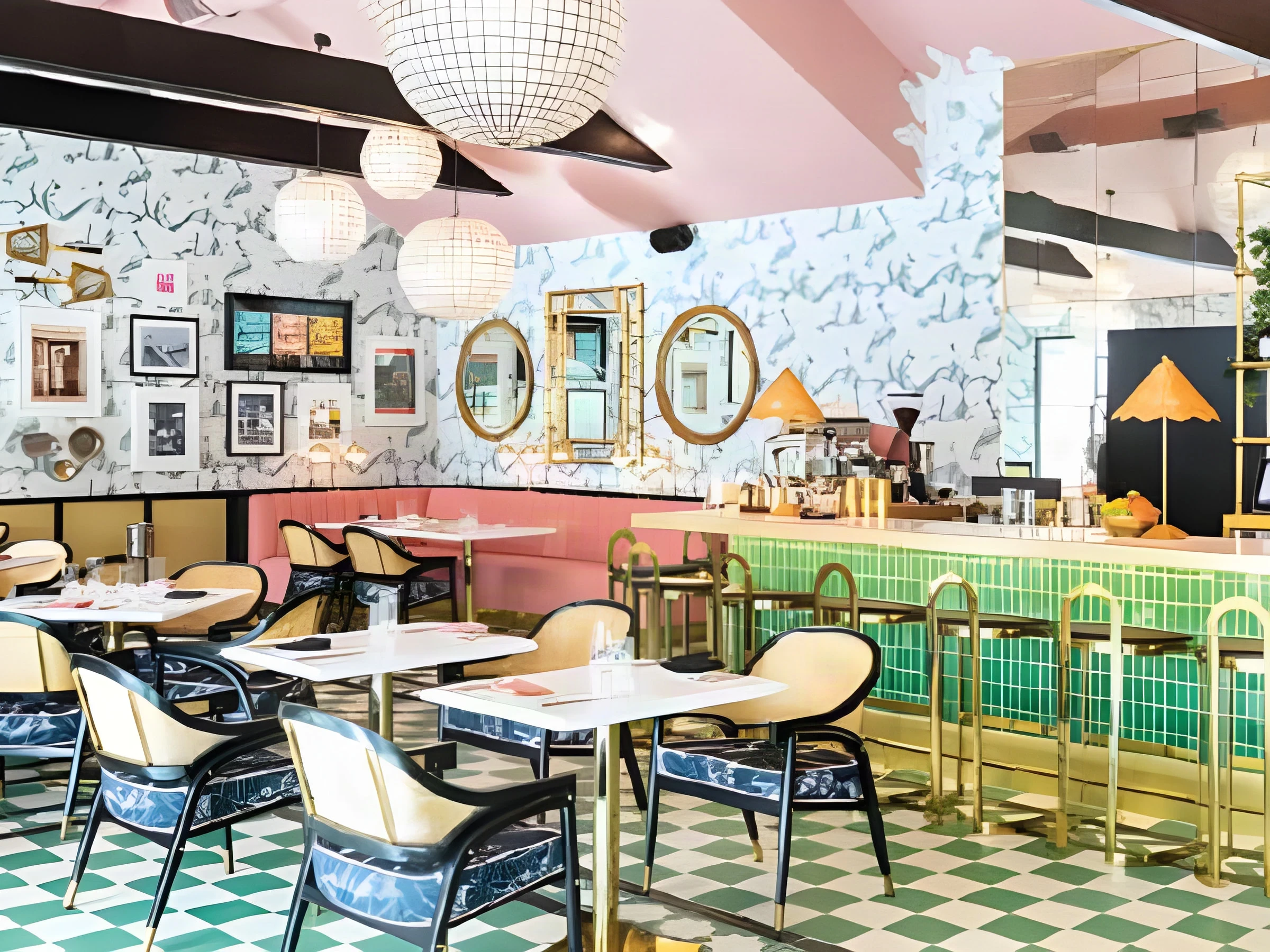 Brass bar stools at the green tile bar beneath globe pendants in The Pink Cabana