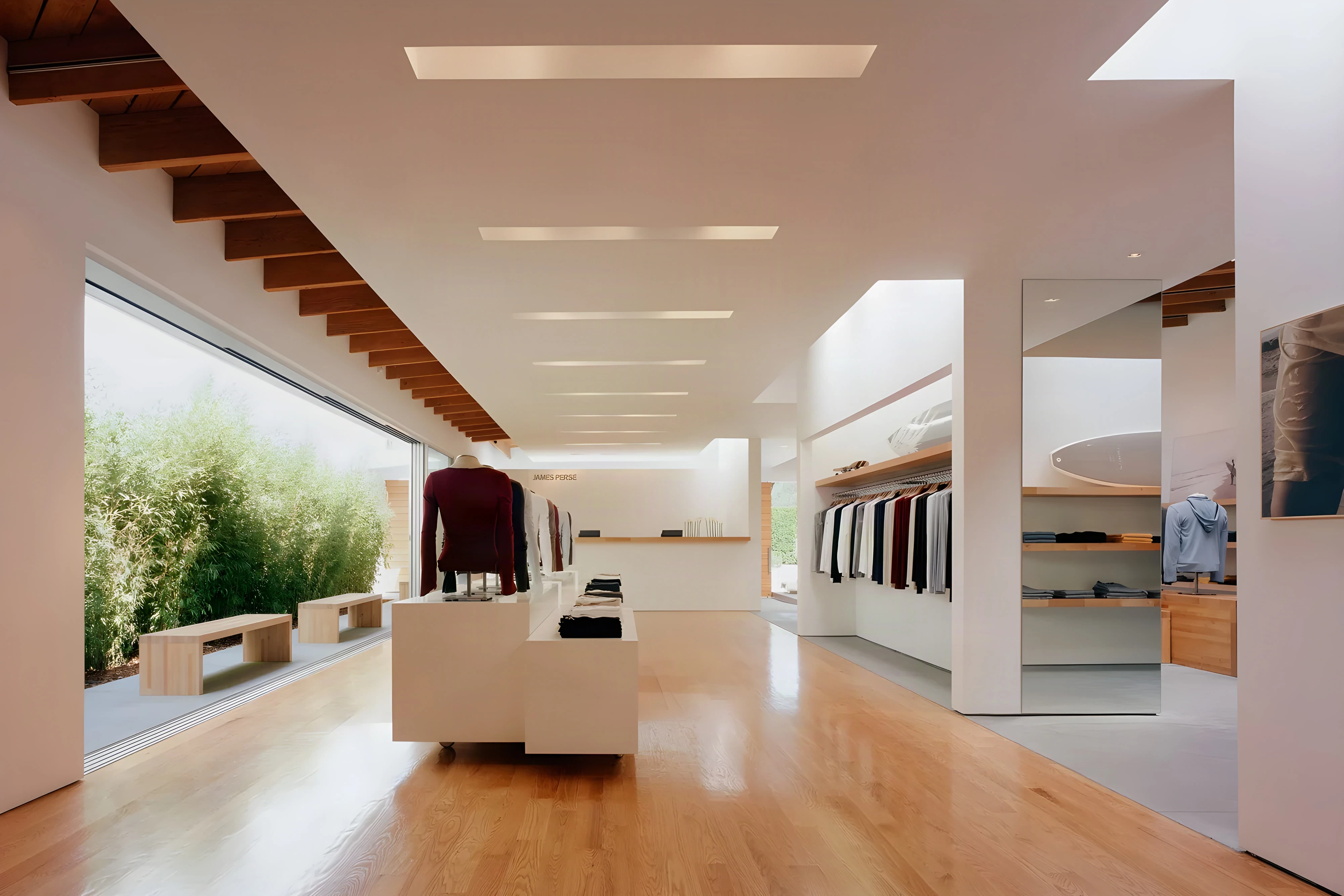 Bright clothing store sales floor with timber beams, display tables and a glass wall onto bamboo