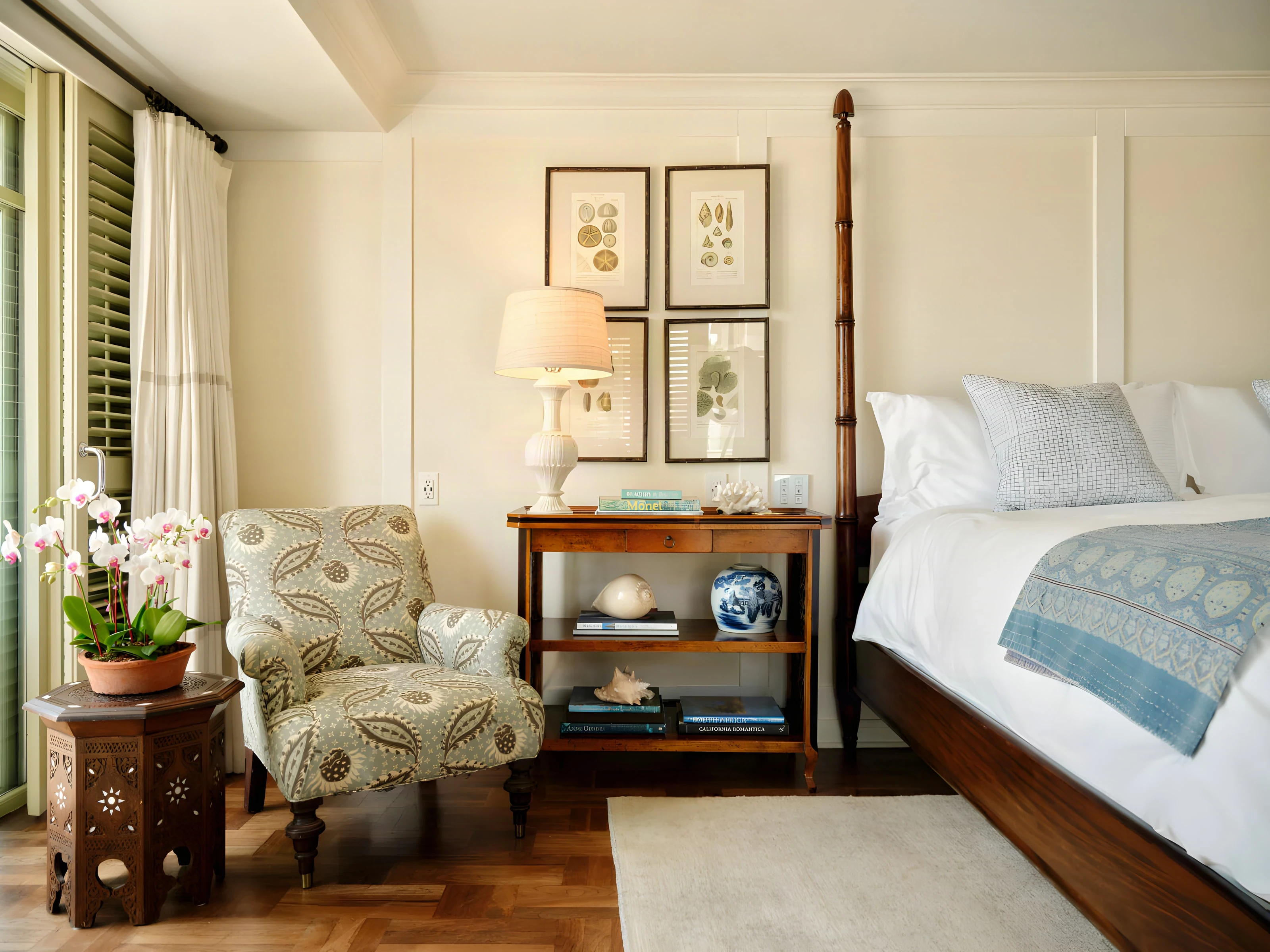 Guest room with a four-poster bed and botanical prints at Shutters on the Beach